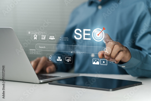 Search Engine Optimization Concepts SEO. involves improving website quality, increasing search engine rankings, boosting sales, and generating business opportunities, including social media websites.