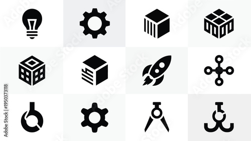 Minimalist startup and business icons set including lightbulb gear box rocket and more on gray background