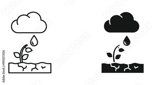 Cloud Watering Cracked Dry Earth Plant Icon Set: Line Art and Solid Black