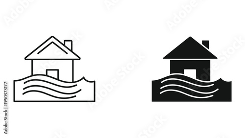Flood Icon: House Submerged in Water, Line and Silhouette Graphics