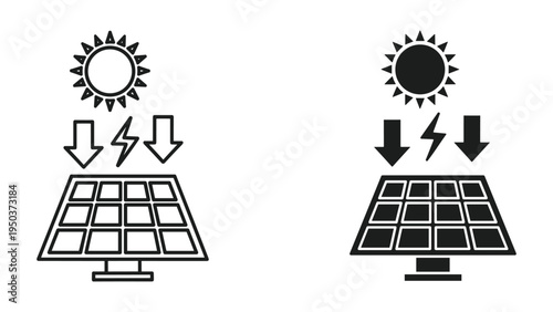 Solar Panel Energy Conversion Icon Set: Sun, Arrows, Lightning Bolt, and Photovoltaic Panel