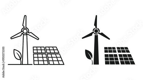 Renewable energy icons: wind turbine, solar panels, and leaf, illustrating clean power and sustainability concepts.