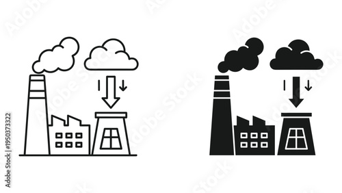 Factory Icons with Smoke and Pollution Icons Set, Industrial Plant Symbol, Vector Illustration