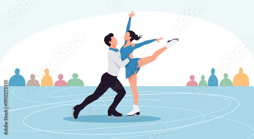 Couple Figure Skating Performance on Ice Rink with Audience Silhouette