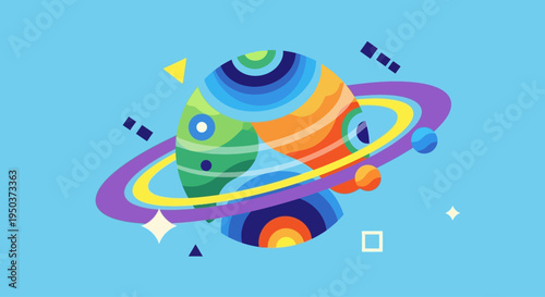 Colorful Cartoon Planet with Rings and Moons, Space Exploration Concept