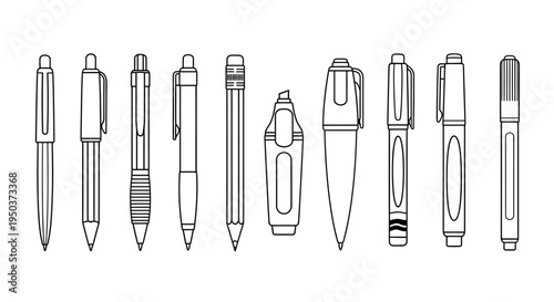 Collection of Various Pens and Pencils Isolated on White Background, Top View