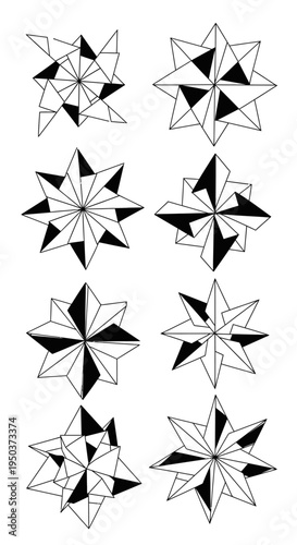 Collection of Stylized Starbursts and Compass Rose Designs in Black and White