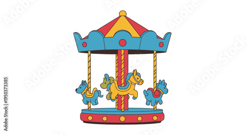 Colorful Carousel with Horses and Red, Yellow, Blue Canopy - Amusement Park Ride