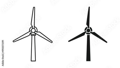 Wind Turbine Icons: Outline and Solid Black Designs, representing clean energy and renewable power generation.