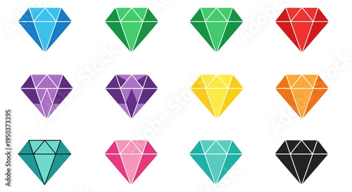 Collection of Colorful Gemstones Icons: Diamonds, Jewels, Gems in Various Hues