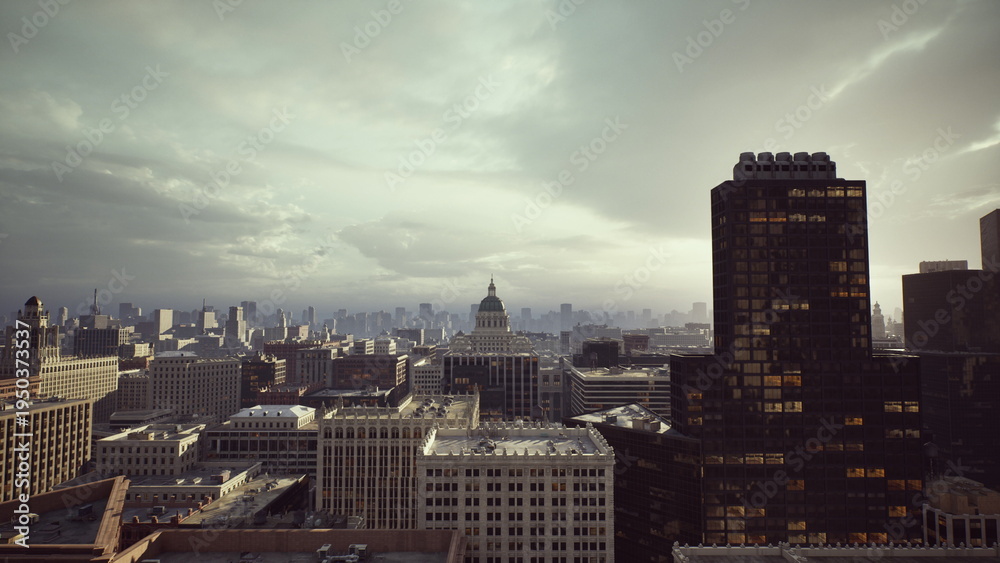 Fototapeta premium sunrise city skyline highrise sunflare cinematic rooftop panorama with glass tower silhouette, distant domed landmark, layered rooftops and low cloudbank, warm