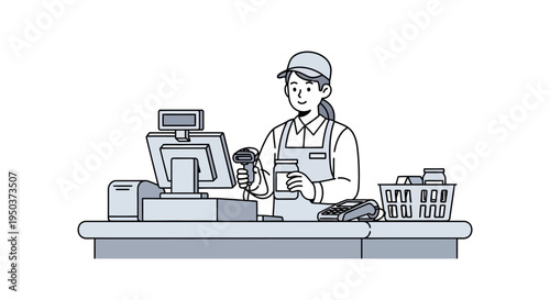Cashier scanning groceries at checkout counter, retail store, customer service, shopping