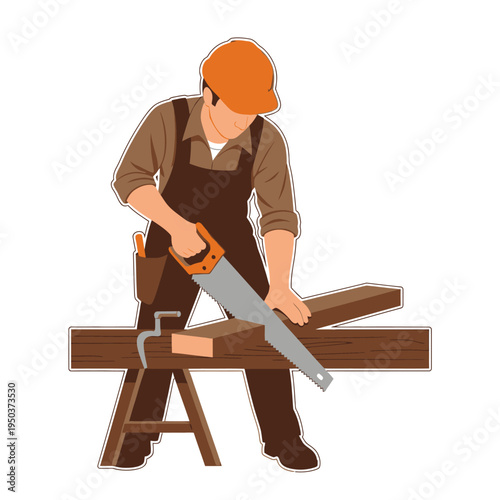 Carpenter Sawing Wood on Sawhorse, Construction Worker with Tools, DIY Project