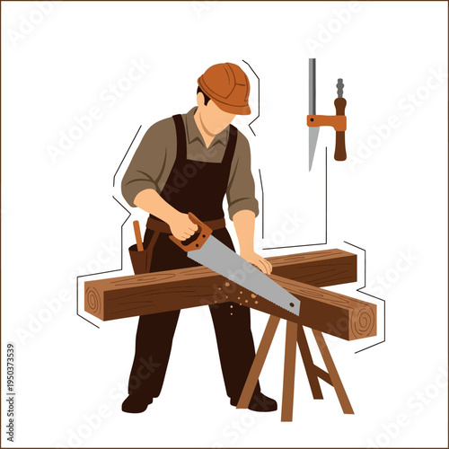 Carpenter sawing wood beam on sawhorse, construction, DIY, woodworking, tools