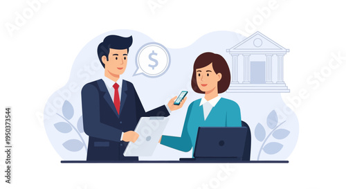 Businesswoman and businessman discussing financial transaction with bank building background