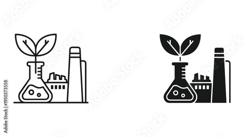 Eco-friendly industry icon: Flask with growing plant next to factory, pollution control, green chemistry