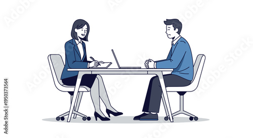 Business meeting: woman interviewer and man candidate in office with laptop