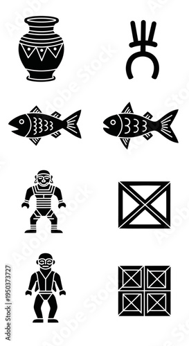 Ancient Symbols and Icons: Pottery, Fish, Robot, and Geometric Shapes