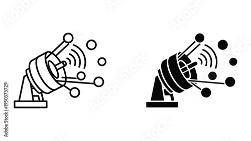 Satellite dish transmitting data signals with connected nodes for communication network icon