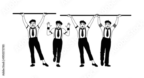 Vintage Mime Performers Hanging from Bars, Black and White