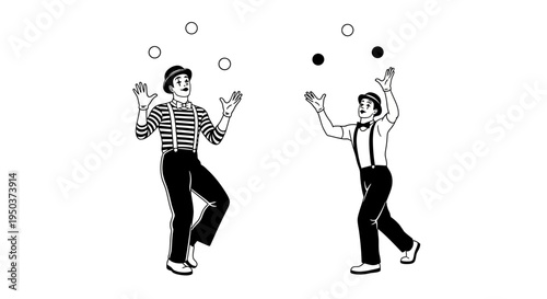 Two Clowns Juggling Balls, Performance Art, Circus Entertainment, Black and White Illustration