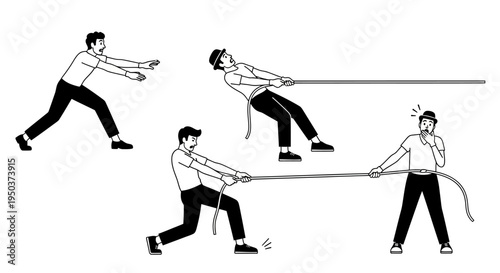 Tug of War Competition: Men Pulling Rope in Dynamic Action Poses