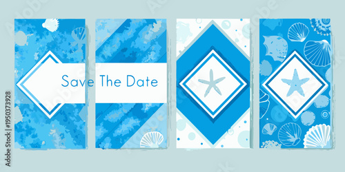 Four vertical save the date cards with blue and white marine themes