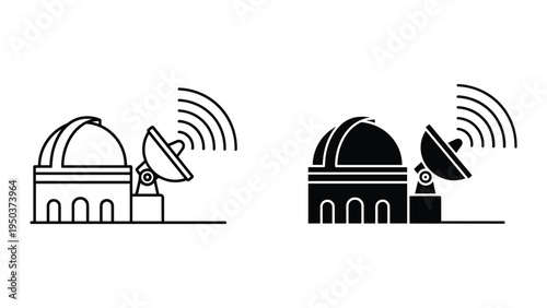 Observatory and Satellite Dish Icons: Line Art and Silhouette Science Symbols