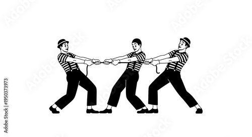 Three Mimes Playing Tug of War