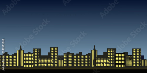 Stylized cityscape silhouette against a gradient blue and yellow sky