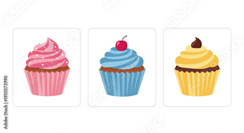 Three Delicious Cupcakes: Pink, Blue, and Yellow with Sprinkles and Cherry