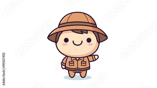 A cute cartoon illustration of a young explorer wearing a safari hat and a tan utility uniform Vector