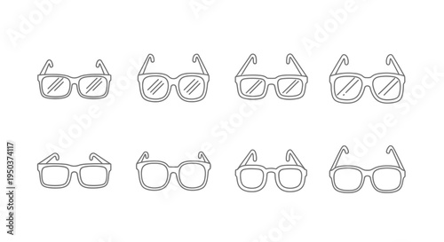 Set of eight hand-drawn eyeglasses icons with dashed outline on white background