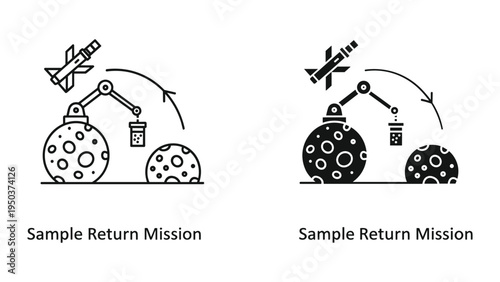 Space Sample Return Mission Icon: Rover, Robotic Arm Collecting Samples from Moon or Mars