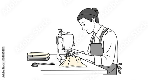Seamstress sewing fabric on a sewing machine, tailoring and fashion design concept