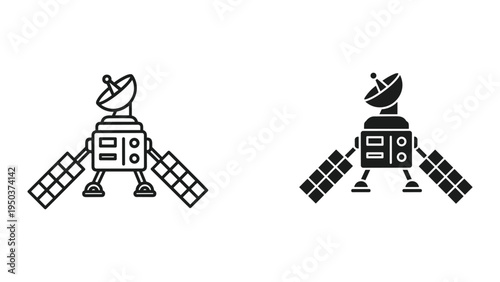 Space Satellite Icon: Line Art and Solid Silhouette for Communication, Technology and Science