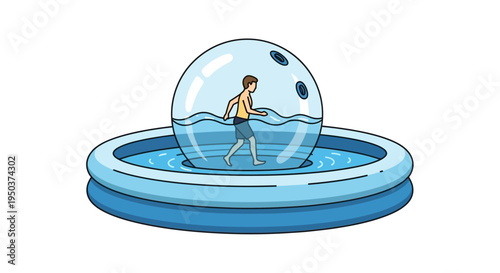 Man walks inside transparent water sphere in inflatable pool, funny summer activity