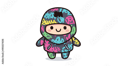 A cute cartoon character wearing a hoodie covered in colorful and vibrant graffiti street art style Vector