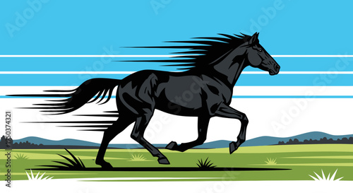 Majestic Black Stallion Galloping Freely Across a Lush Green Meadow Under a Bright Blue Sky
