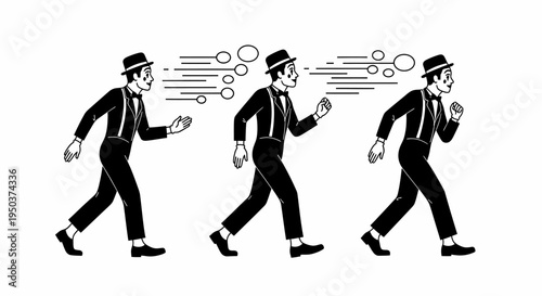 Man in Hat Running Sequence, Motion Blur, Speed Lines, Vintage Style
