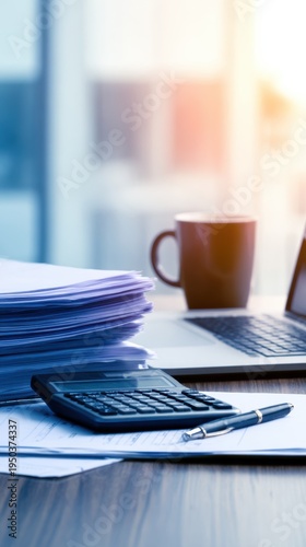 A workspace with stacked papers, a calculator, a pen, and a coffee mug beside a laptop