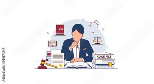 Lawyer working at desk with case files and law book, legal concept