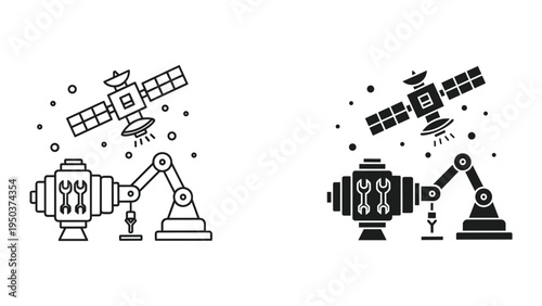 Robotic Arm Assembling Satellite Icons: Line Art and Silhouette Style