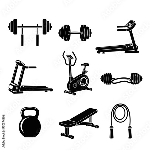 Gym Equipment Collection: Treadmill, Dumbbells, Barbell, Kettlebell, Bench, Jump Rope, Exercise Bike