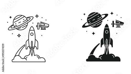 Rocket Launch, Planet and Space Station Vector Icons - Set of Two Styles