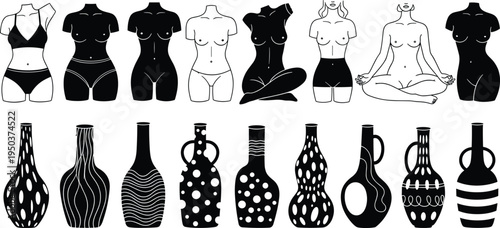 Collection of black and white female body torso silhouettes and decorative patterned vases isolated on white background for artistic design,