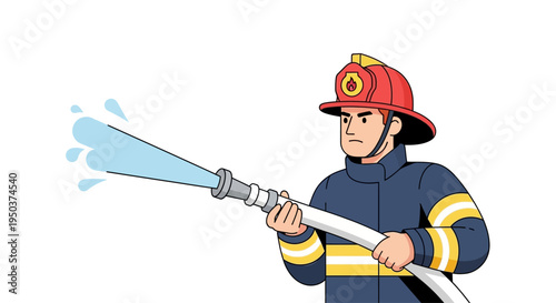 Firefighter spraying water from hose, emergency services, safety, action, illustration