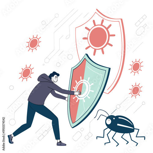 Cybersecurity concept: person with shield protecting against virus and bug attacks, digital protection and data security illustration, illustration represents data security and it defense strategies