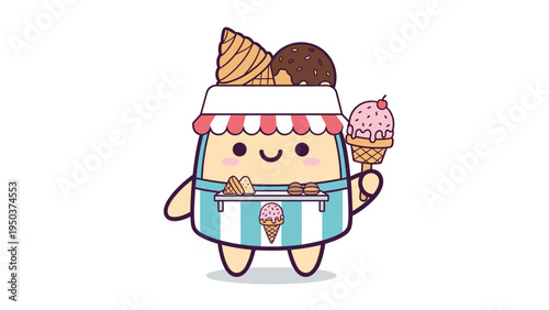 A cute cartoon character dressed as a friendly ice cream vendor standing with a sweet treat Vector