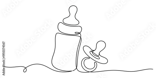 Continuous line drawing of a baby bottle and a pacifier for an infant or a newborn baby concept